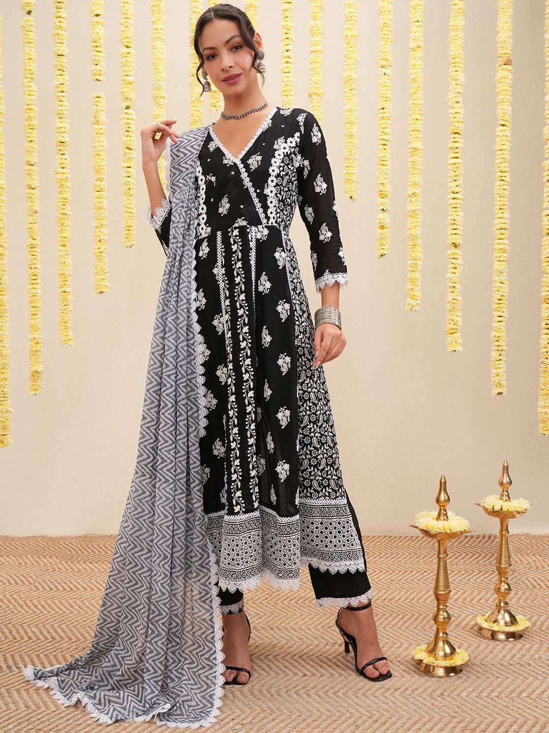 Vishudh Floral Embroidered Pure Cotton Anarkali Kurta & Trousers With Dupatta
