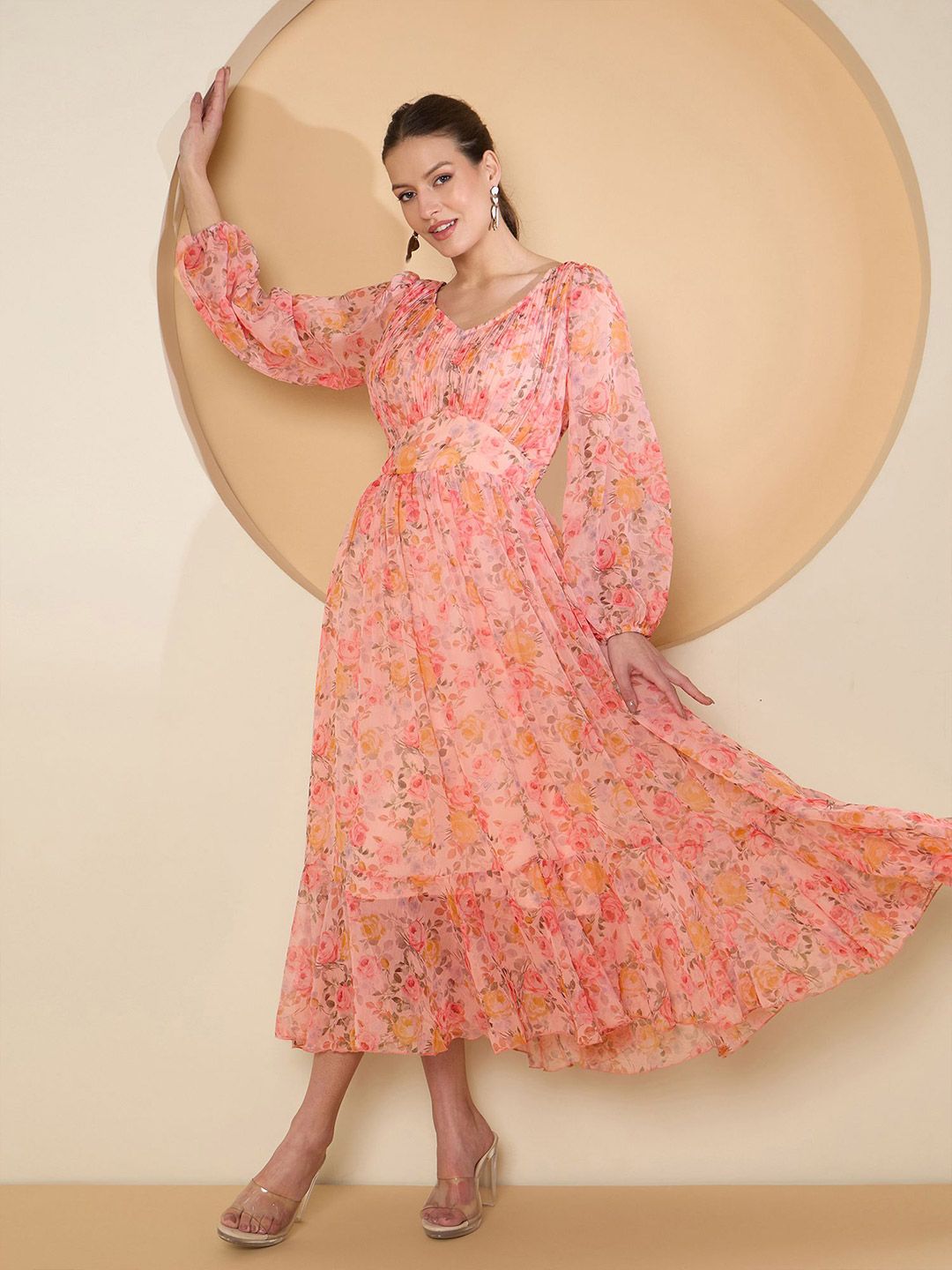 Antheaa Floral Print Bell Sleeve Chiffon Fit & Flare Midi Dress