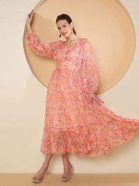 Antheaa Floral Print Bell Sleeve Chiffon Fit & Flare Midi Dress