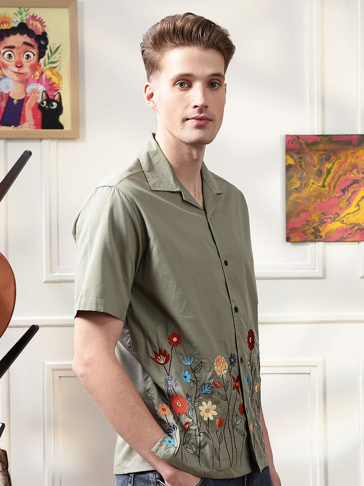 Eszett Floral Printed Spread Collar Embroidered Casual Shirt