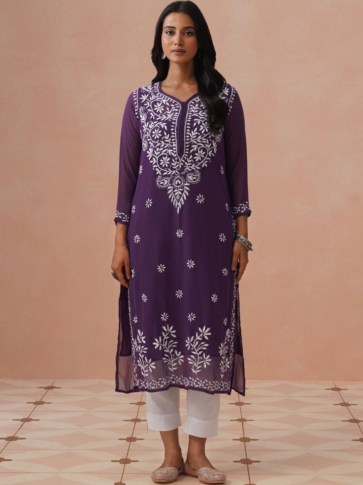 Rumah Wanita Chikankari Sulaman Bunga Chikankari Bunga Indie Georgette Kurta