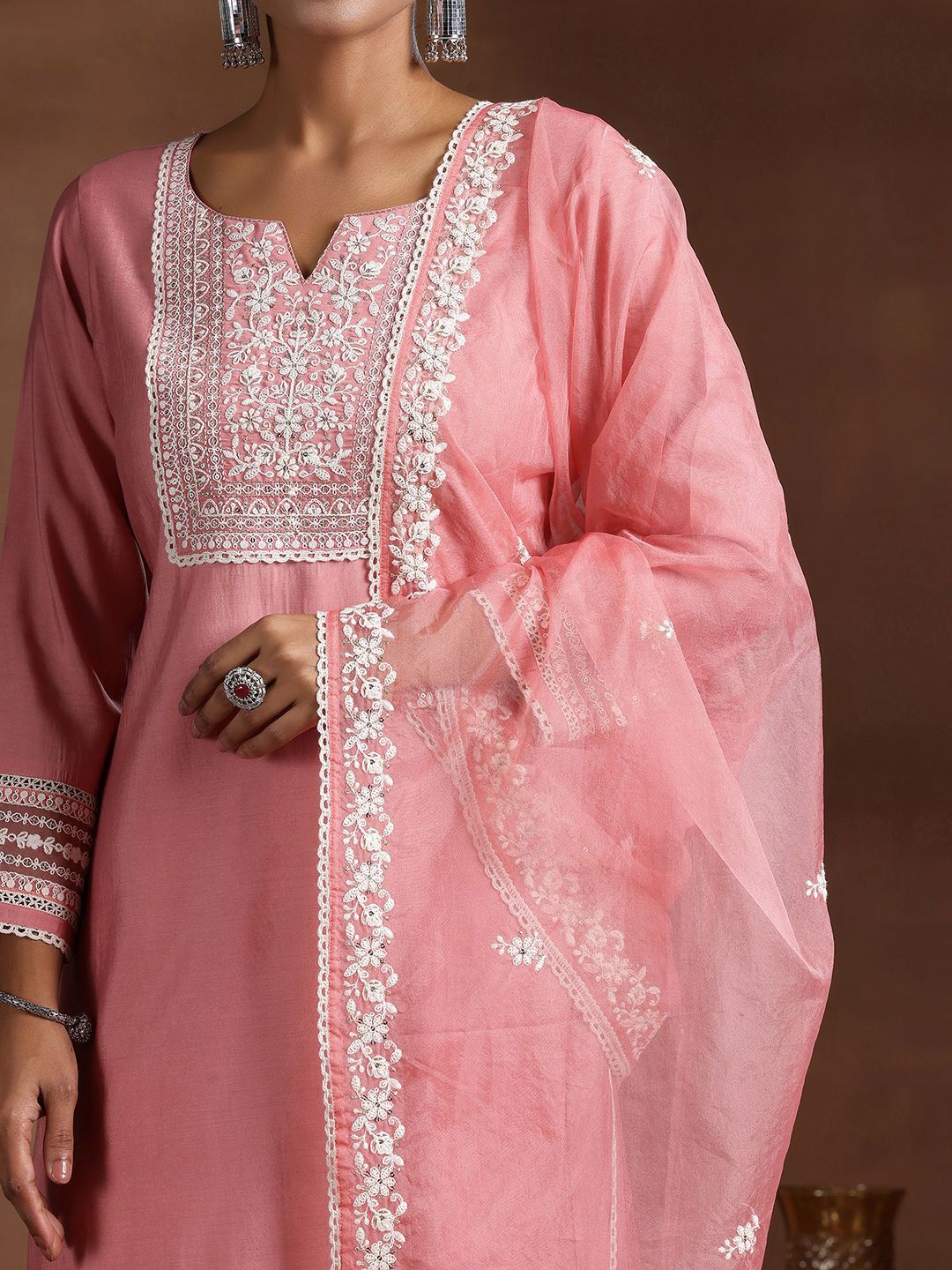 Libas Floral Yoke Design Notch Neck Thread Work Straight Kurta With Trousers & Dupatta