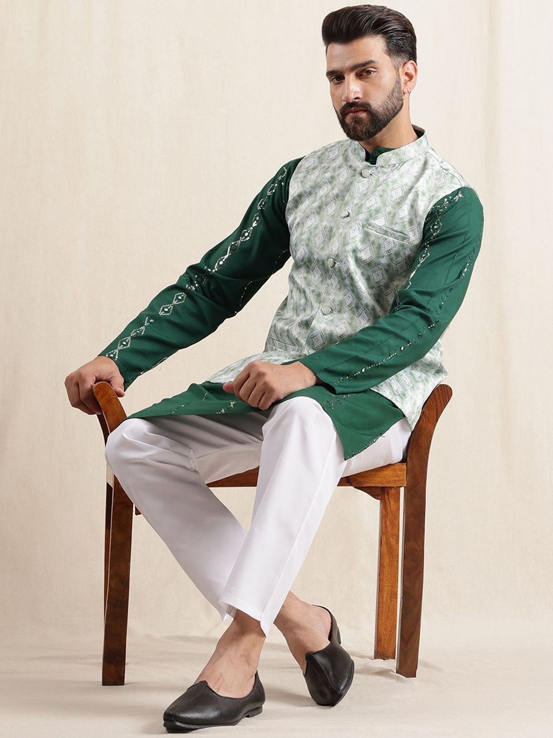 Anouk Men Geometric Embroidered Sequinned Pure Cotton Kurta & Pyjamas With Nehru Jacket