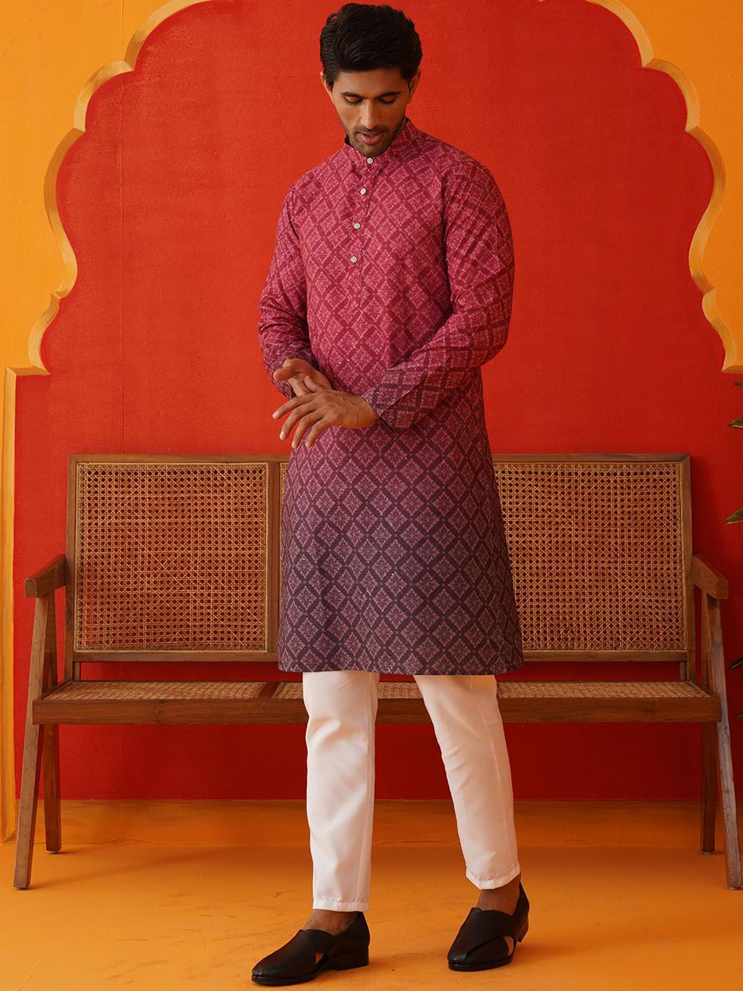 Jompers Men Floral Printed Regular Sequinned Kurta with Pyjamas