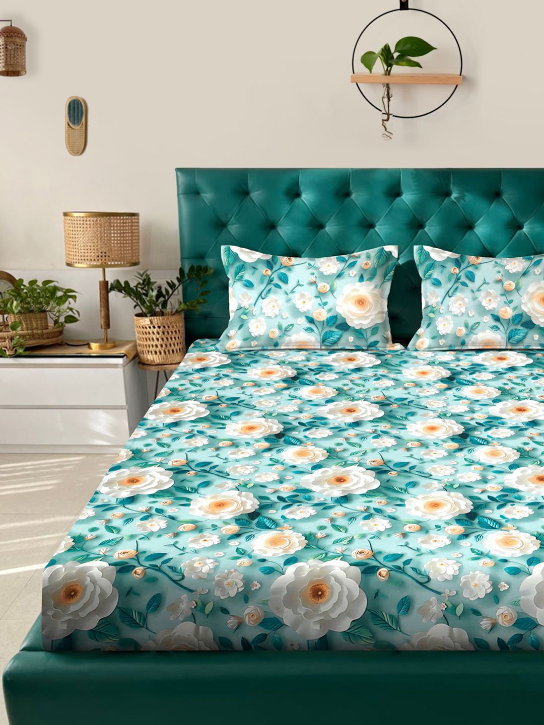 KLOTTHE Turquoise Blue Floral Printed Dilengkapi 300 TC King 7D Cadar Dengan 2 Sarung Bantal
