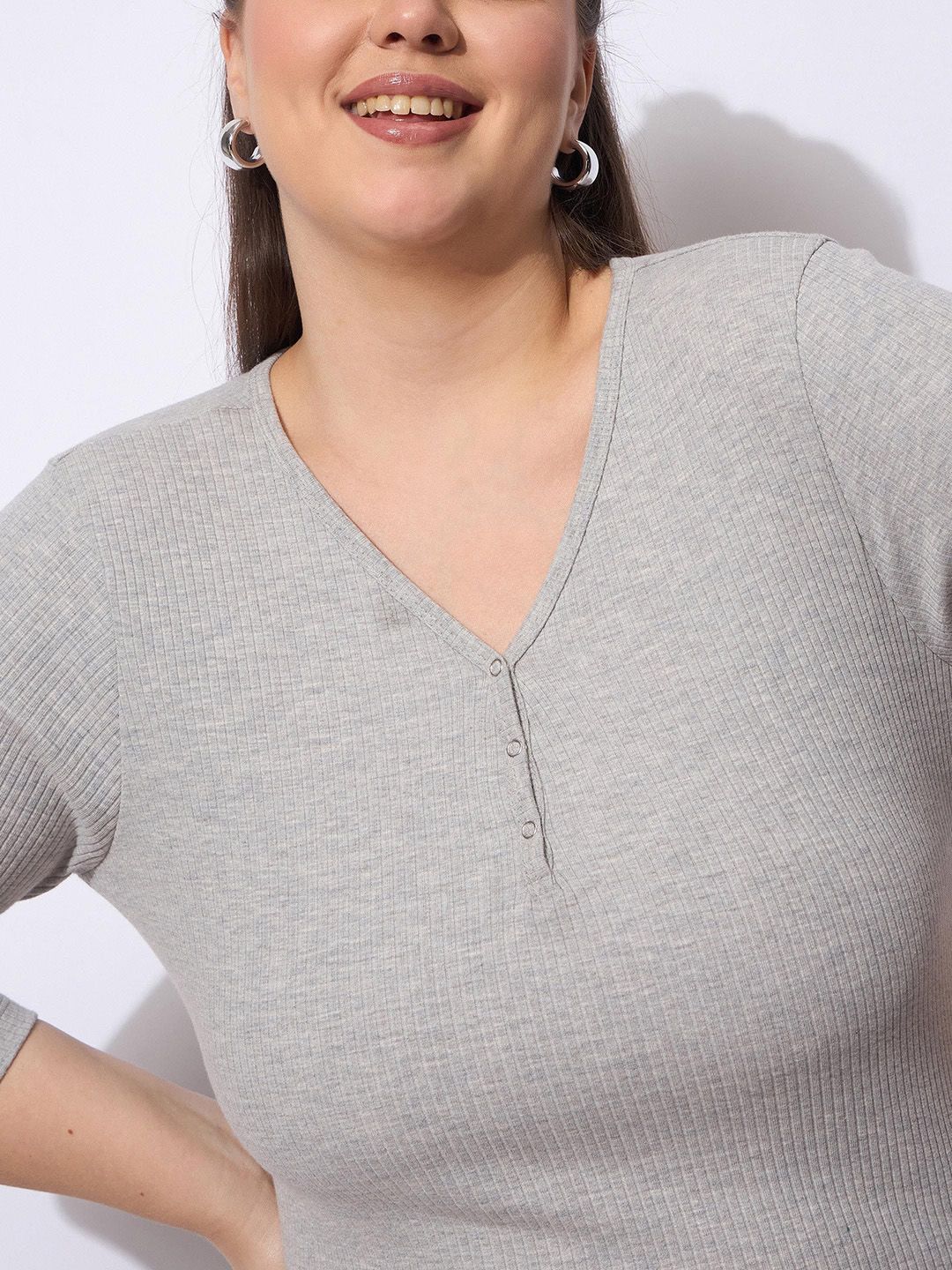 SASSAFRAS Curve Plus Size Rib Three-Quarter Sleeves Top With Trouser