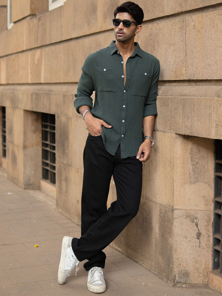 Powerlook Men Textured Spread Collar Cotton Casual Shirt