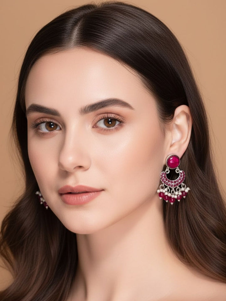 PANASH Silver-Plated Stones Studded And Beaded Contemporary Shaped Oxidized Drop Earrings