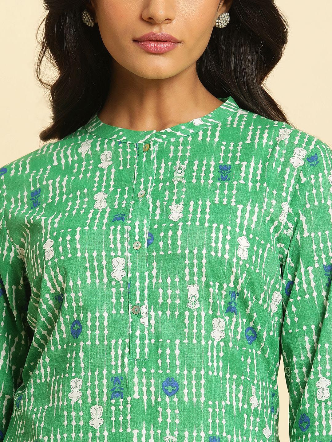 W Striped Mandarin Collar Thread Work Cotton Straight Kurta
