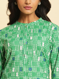 W Striped Mandarin Collar Thread Work Cotton Straight Kurta