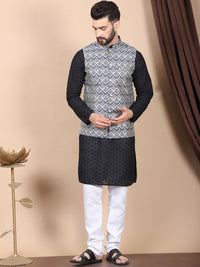 Anouk Black Floral Embroidered Thread Work Pure Cotton Kurta with Churidar & Nehru Jacket