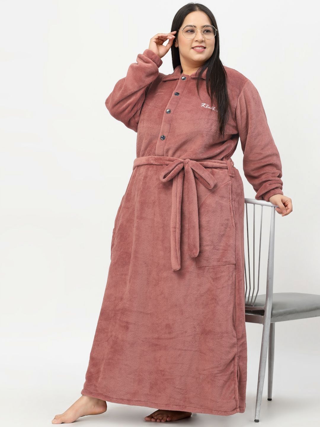 KLOTTHE Plus Size Rust Woollen Bath Robe With Belt