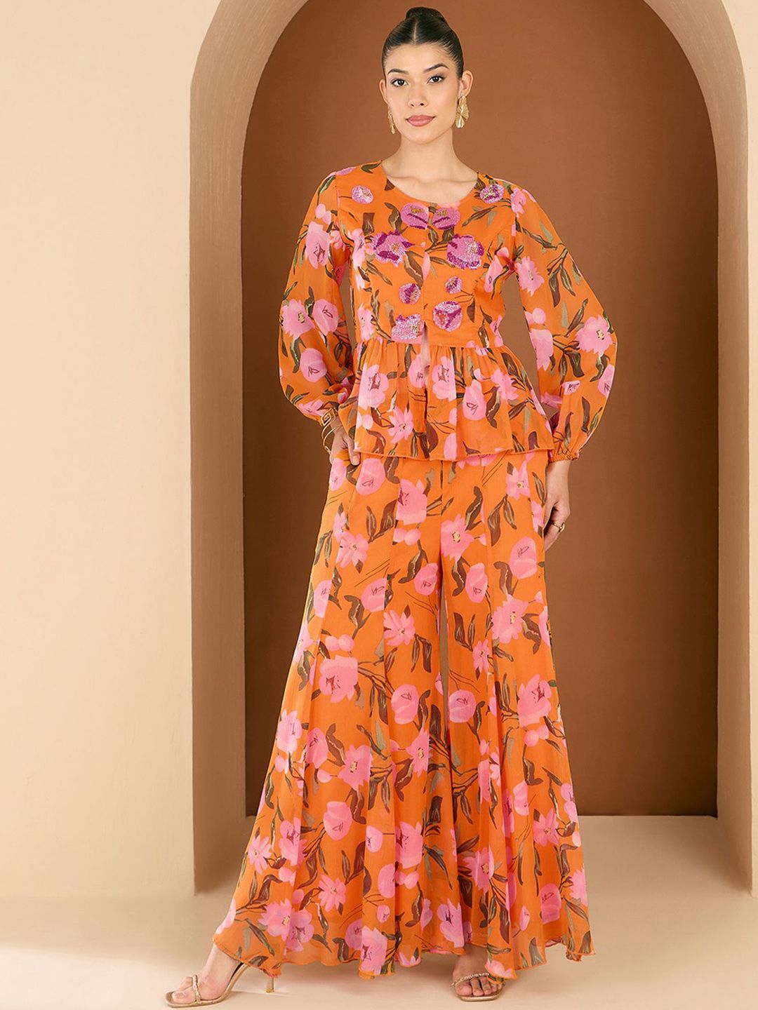 Antheaa Printed Embellished Round Neck Top With Palazzos