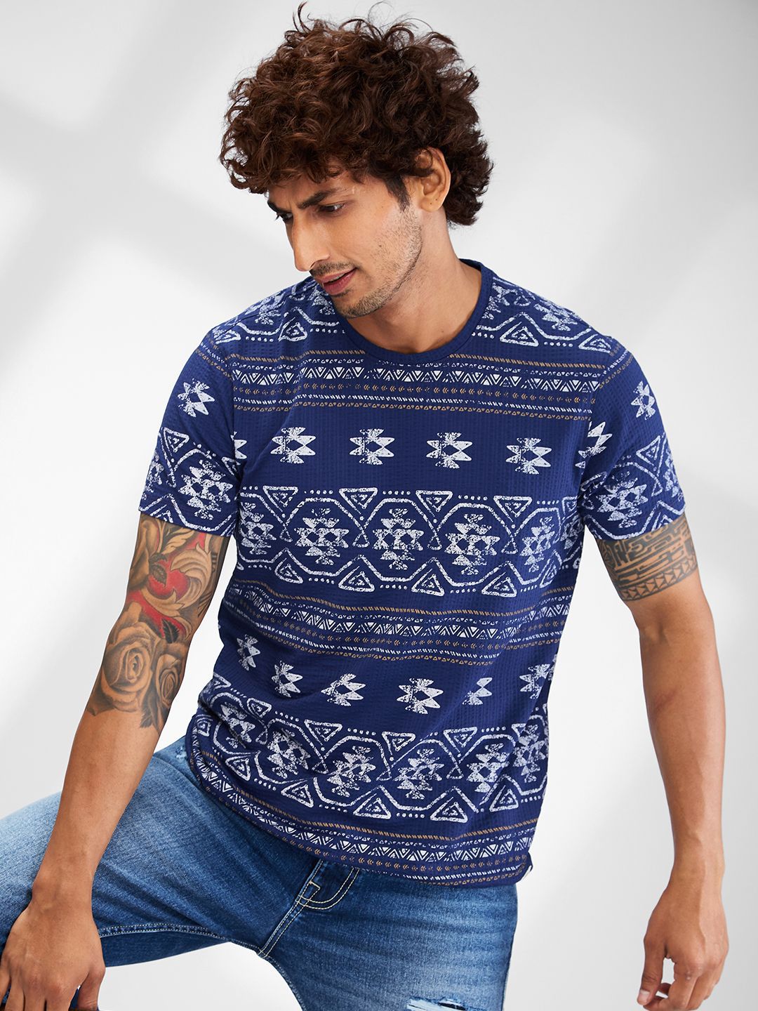 SPYKAR Tribal Printed Raw Edge Slim Fit T-shirt