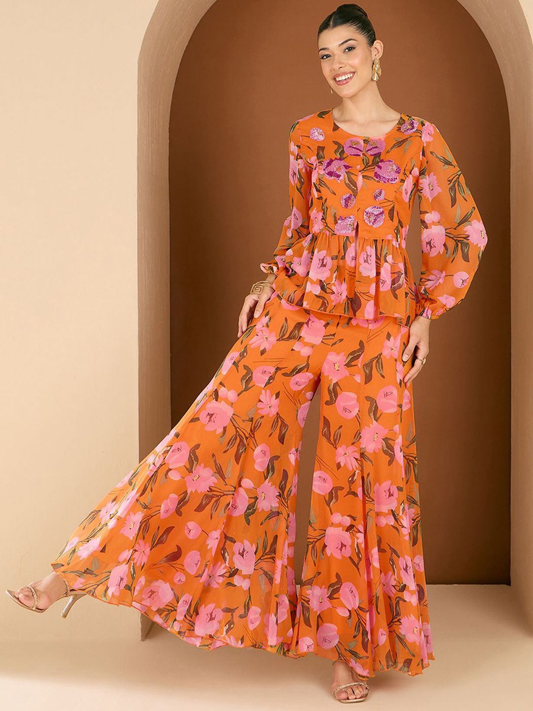 Antheaa Printed Embellished Round Neck Top With Palazzos