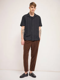 THE BEAR HOUSE Men Cuban Collar Vertical Striped Casual Shirt