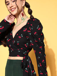 Berrylush Print Sweetheart Neck Puff Sleeve Wrap Crop Top