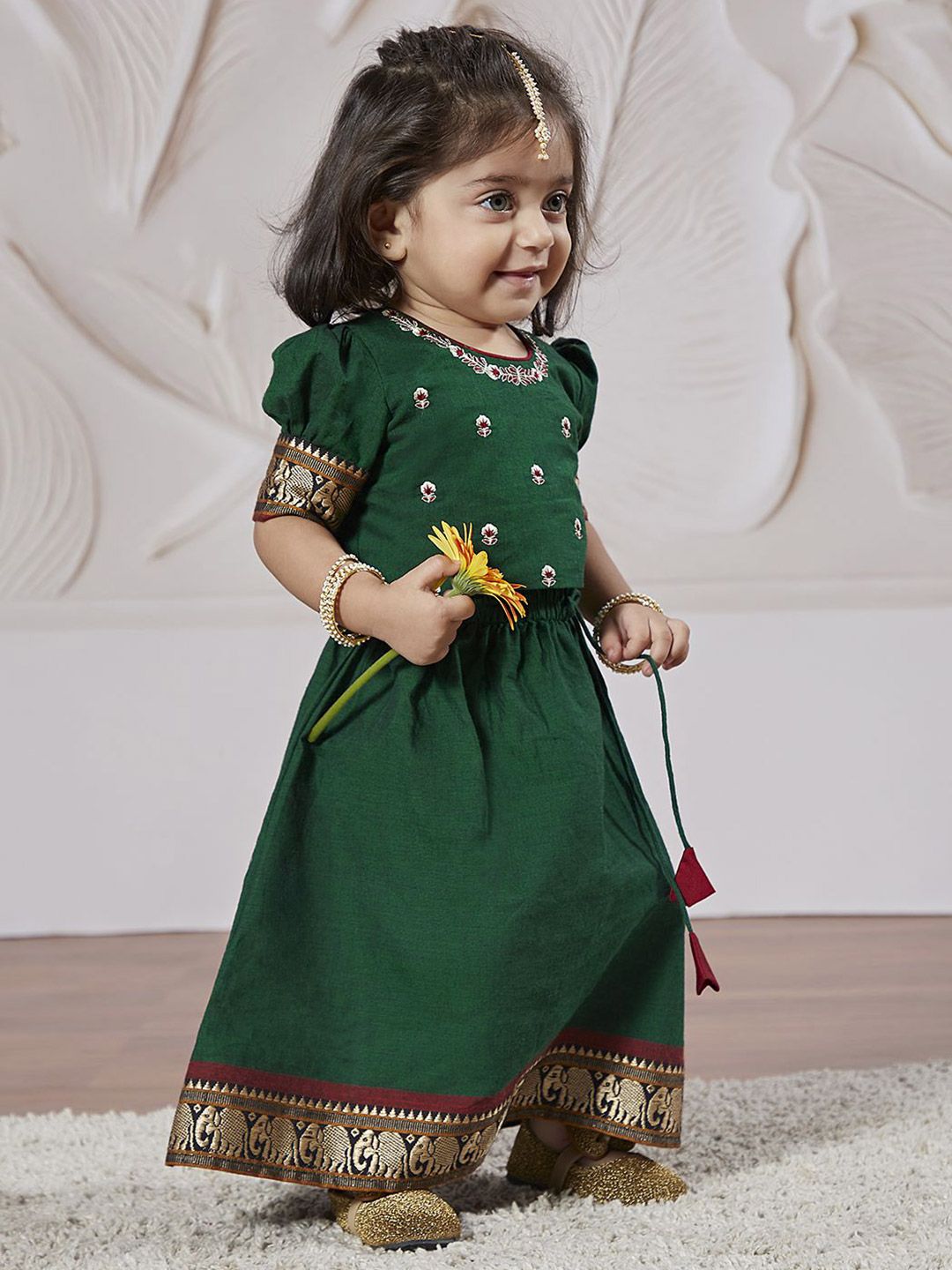 VASTRAMAY Girls Embroidered Thread Work Puffed Sleeves Cotton Ready to Wear Lehenga Choli