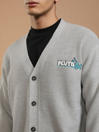 HIGHLANDER Men Embroidered Ribbed Cardigan with Embellished Detail