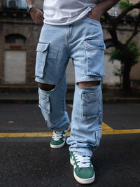 Powerlook Men Baggy Fit Mildly Distressed Light Fade Cotton Jeans