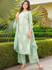 KALINI Floral Embroidered Thread Work Straight Kurta With Palazzos And Dupatta