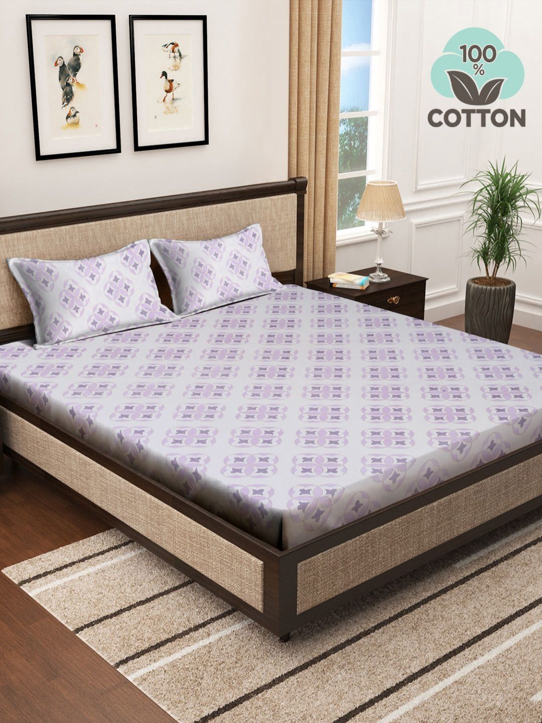 Myntra Elegant Homes White Floral Cotton 400 TC King Superfine Bedsheet dengan 2 Sarung Bantal-98 x 89 inci