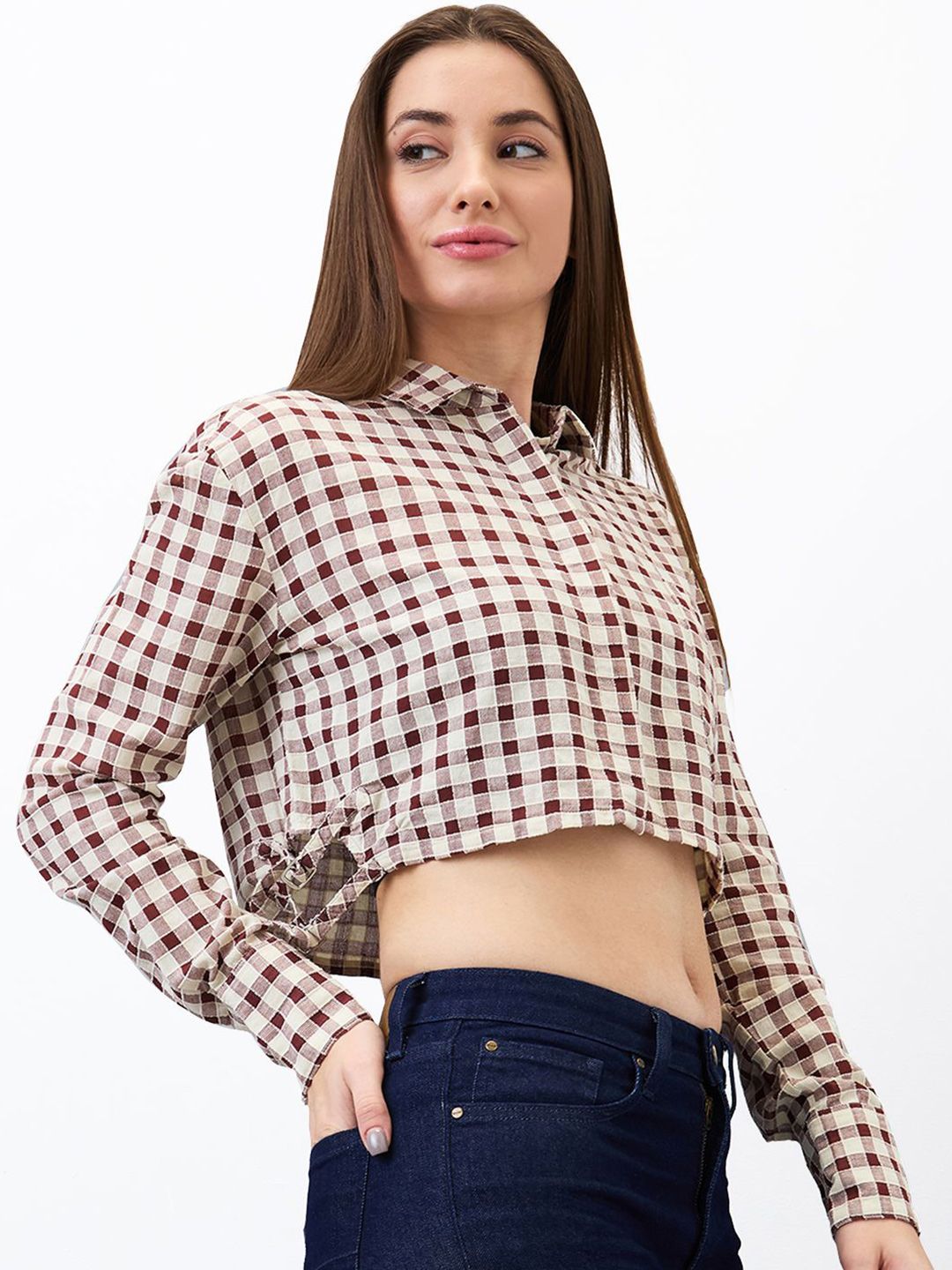 SPYKAR Women Regular Fit Spread Collar Gingham Checked Cotton Crop Shirt