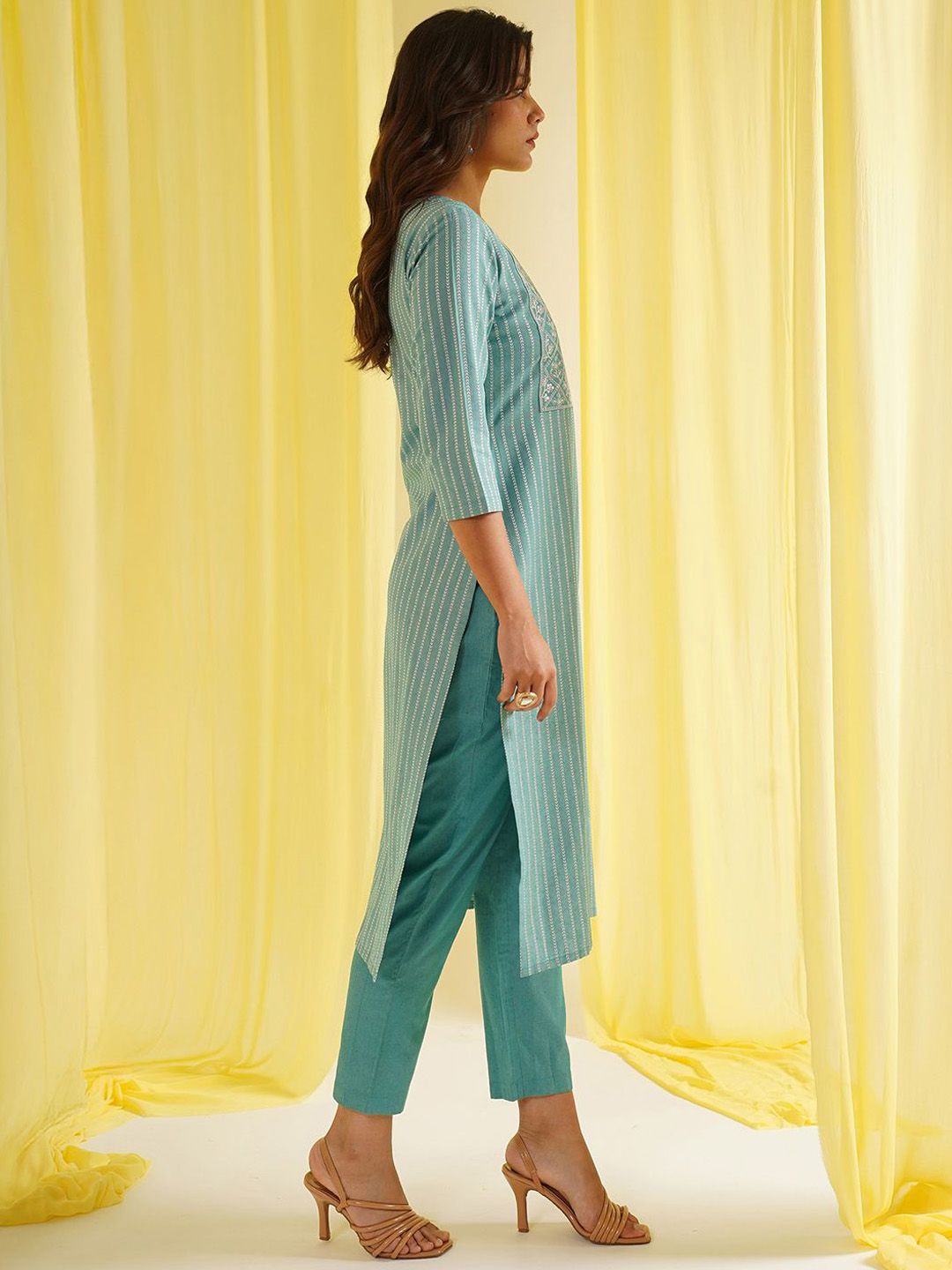 KALINI Women Striped Embroidered Kurta with Trousers