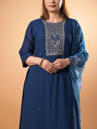 Mamicha Women Woven Design Embroidered Cotton A-Line Kurta with Trousers & Dupatta