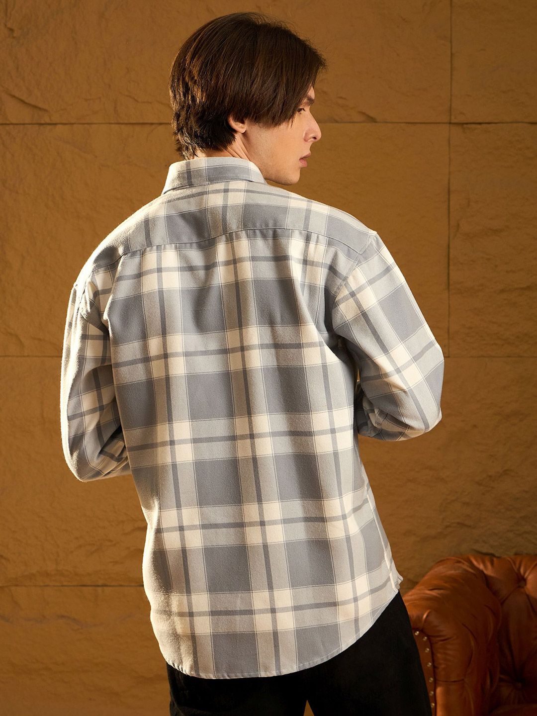 DENNISON Men Double Pocket Drop Shoulder Oversized Cotton Checked Shacket