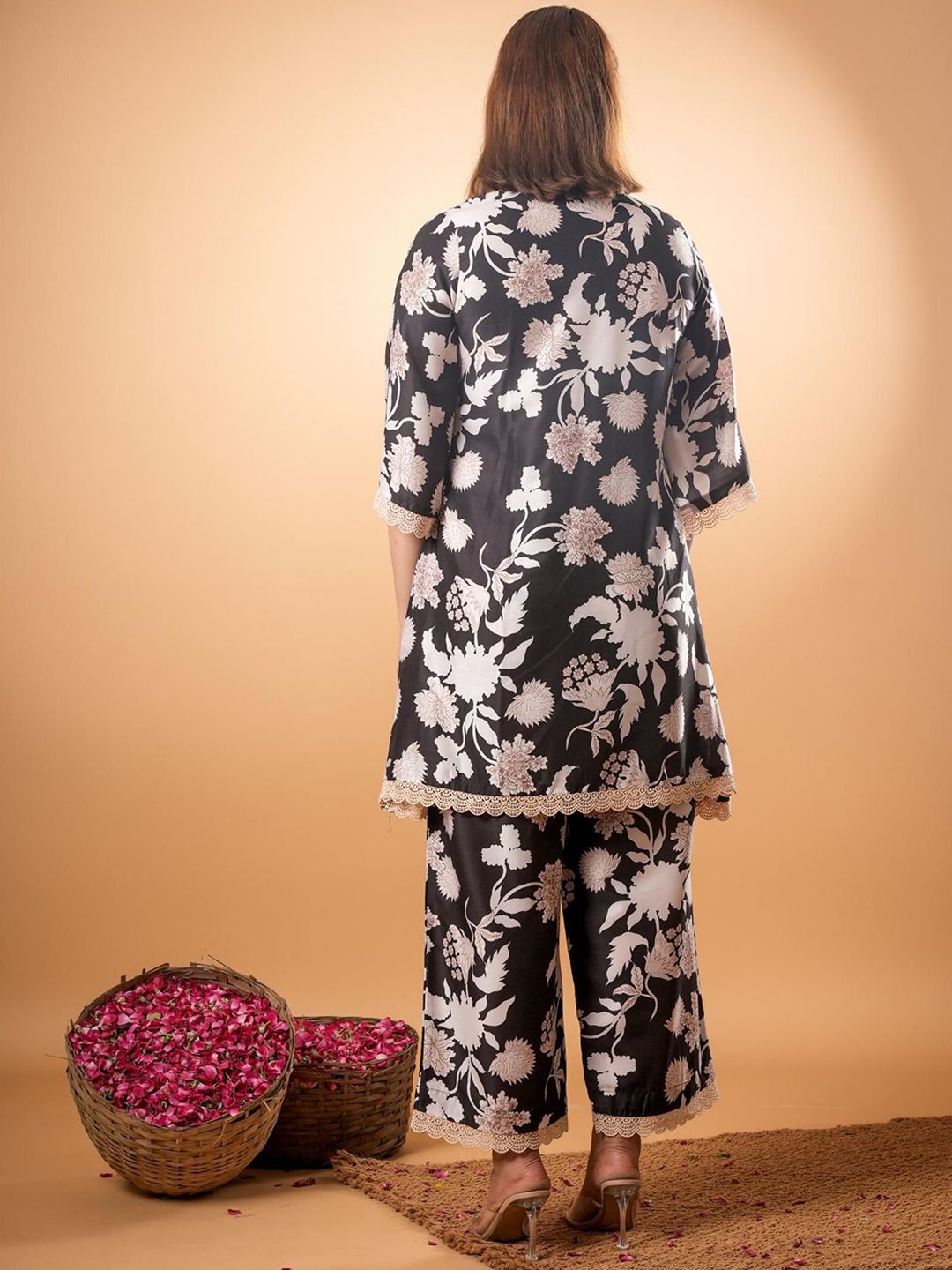 Tunik V-Neck Kapas Tulen Bercetak Mamicha Dengan Palazzo Co-Ords