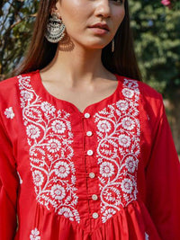 HOUSE OF KARI Floral Embroidered Sweetheart Neck Chikankari Pure Cotton Short Kurta
