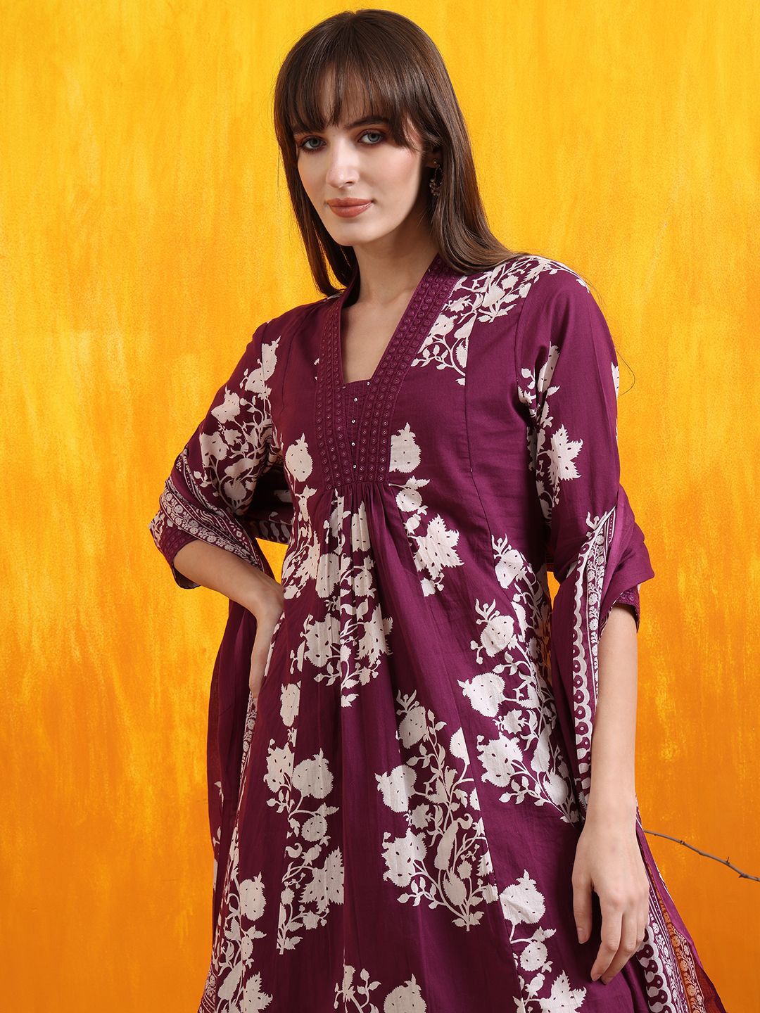 KALINI Floral Printed Pleated V-Neck Sequinned A-Line Kurta With Palazzos And Dupatta