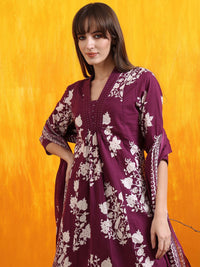 KALINI Floral Printed Pleated V-Neck Sequinned A-Line Kurta With Palazzos And Dupatta