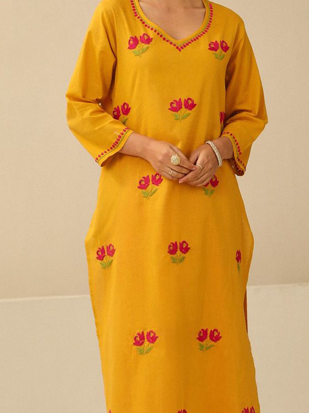 Rumah Chikankari Wanita Mustard Kuning Kapas Chikankari Sulam Kurta
