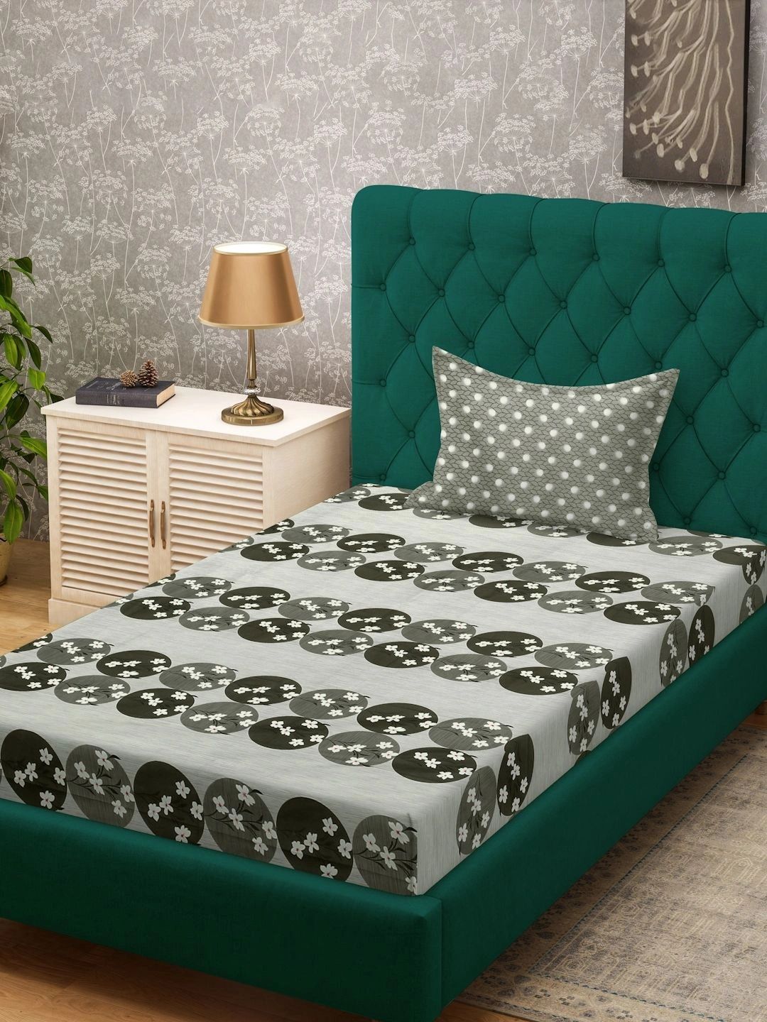 Myntra Elegant Homes Hijau Zaitun & Coklat Bunga 400 TC Cadar Single dengan 1 Sarung Bantal