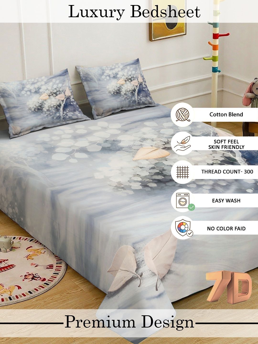 Myntra Elegant Homes Grey Floral 300 TC King Bedsheet with 2 Pillow Covers