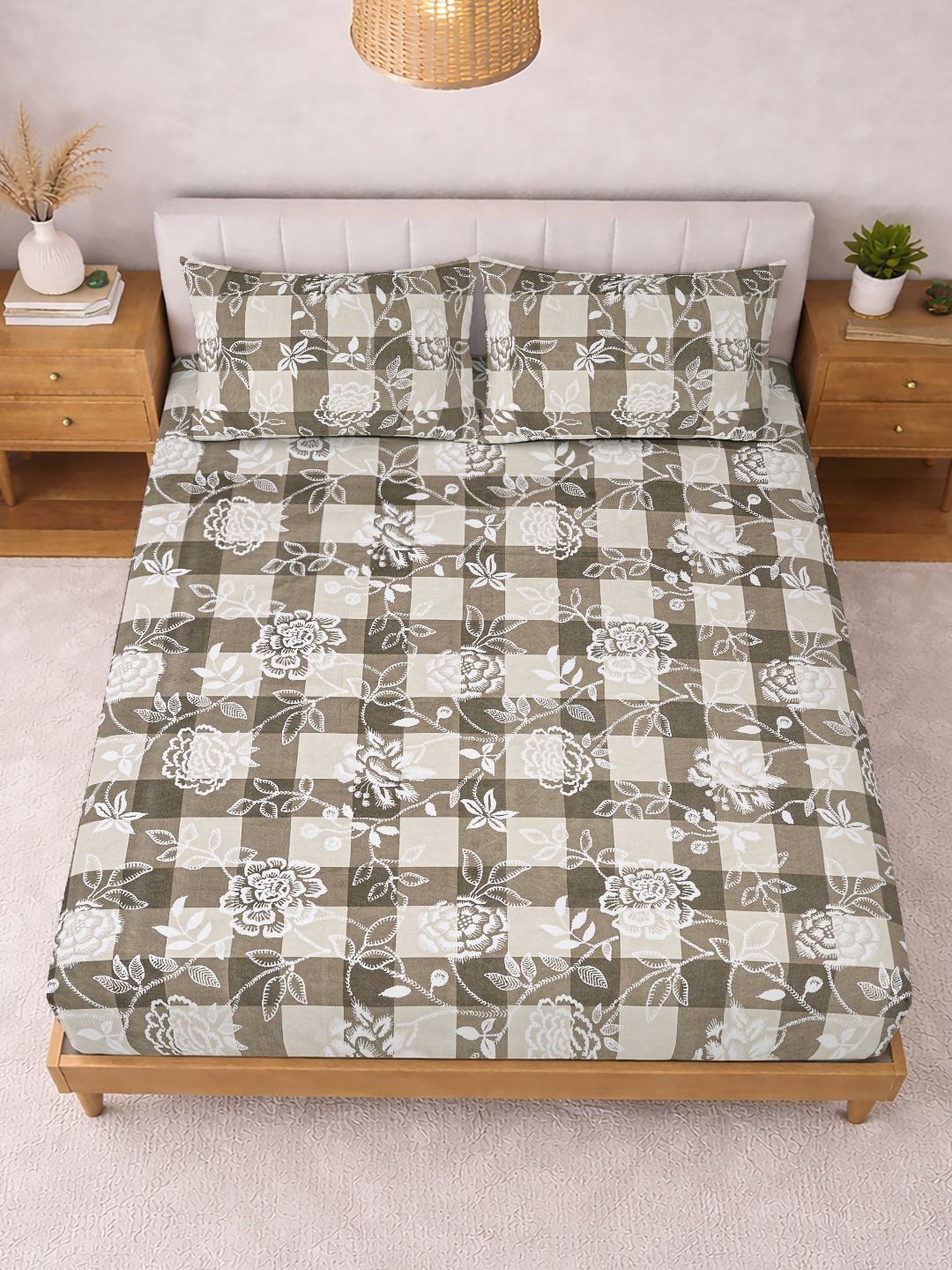 Myntra Elegant Homes Beige Floral 300 TC King Bedsheet with 2 Pillow Covers