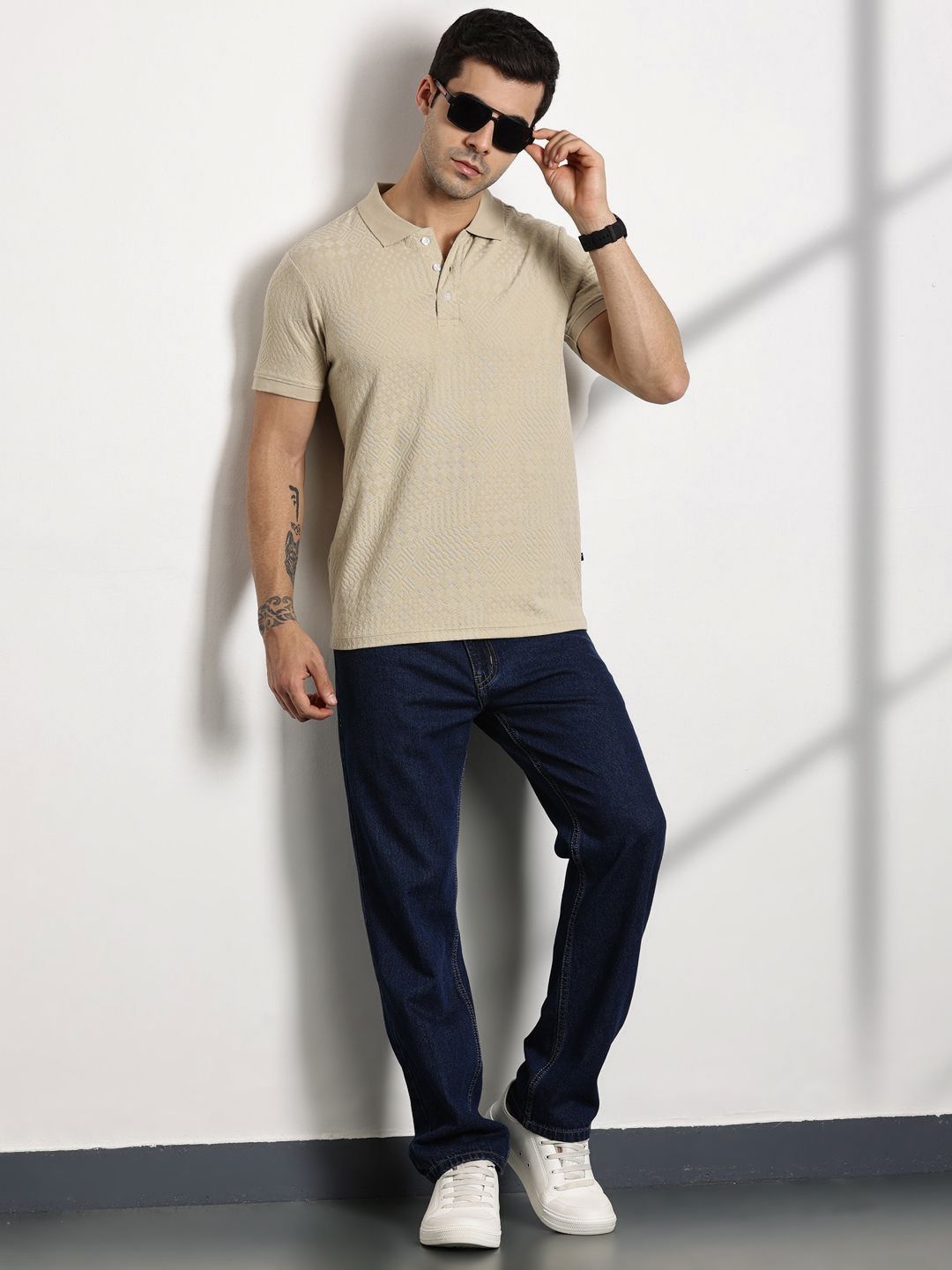 Thomas Scott Men Self Design Polo Collar Cotton T-shirt