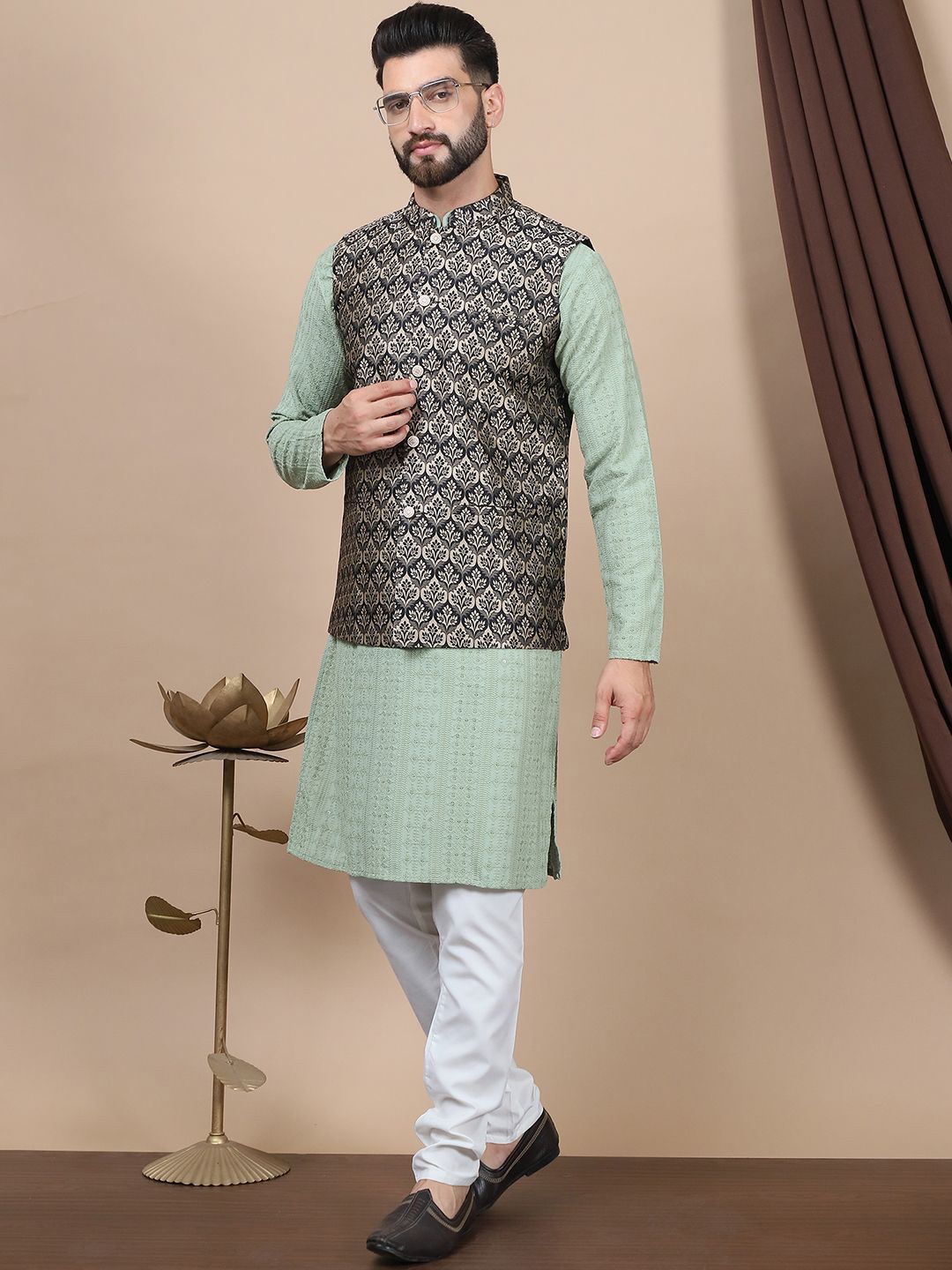 Anouk Floral Embroidered Pure Cotton Sequinned Straight Kurta With Churidar & Nehru Jacket