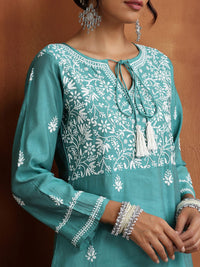 House of Chikankari Women Green Chanderi Chikankari Embroidered Kurta