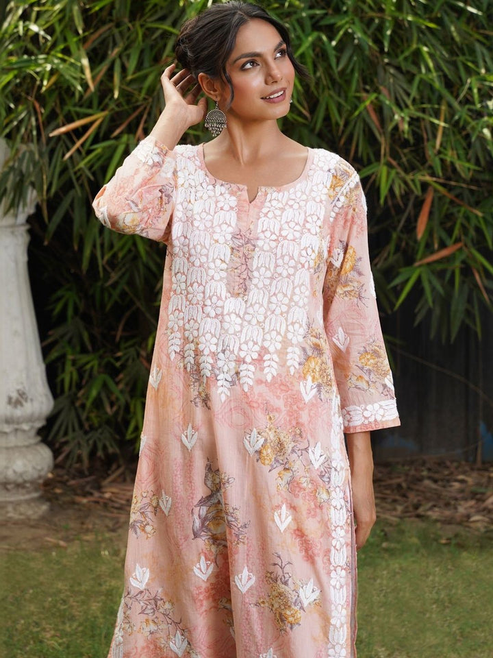 House of Chikankari Women Floral Printed Thread Work Indie Prints Kurta