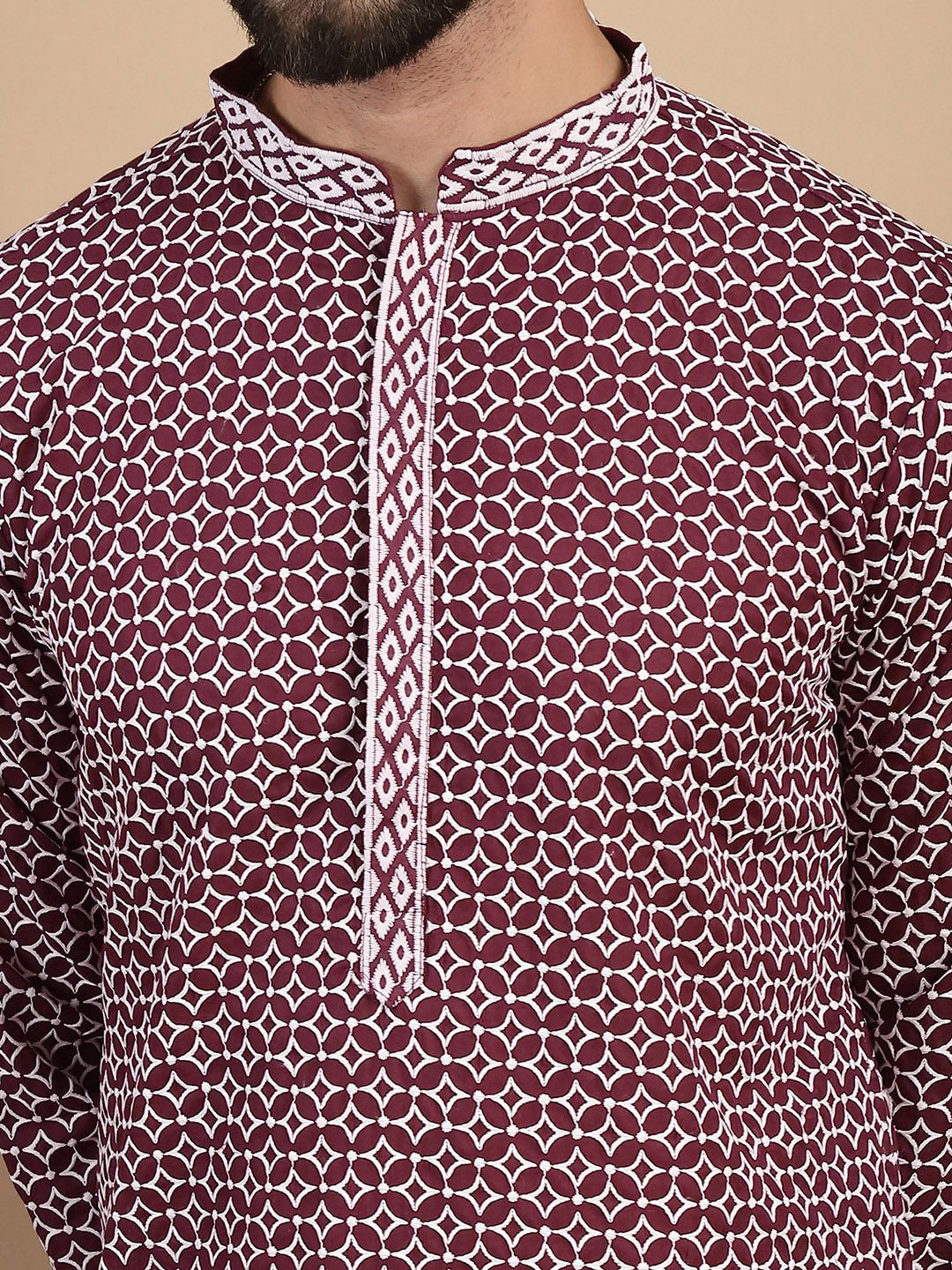 Anouk Embroidered Thread Work Cotton Mandarin Collar Straight Kurta with Churidar