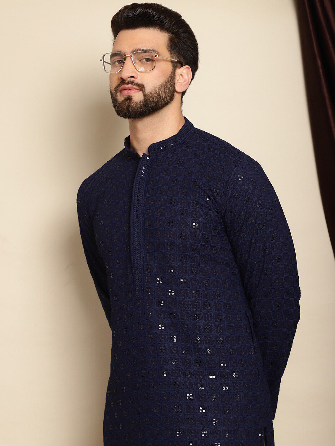 Anouk Navy Blue Motif Etnik Bersulam Labuci Mandarin Kolar Kurta Pure Cotton