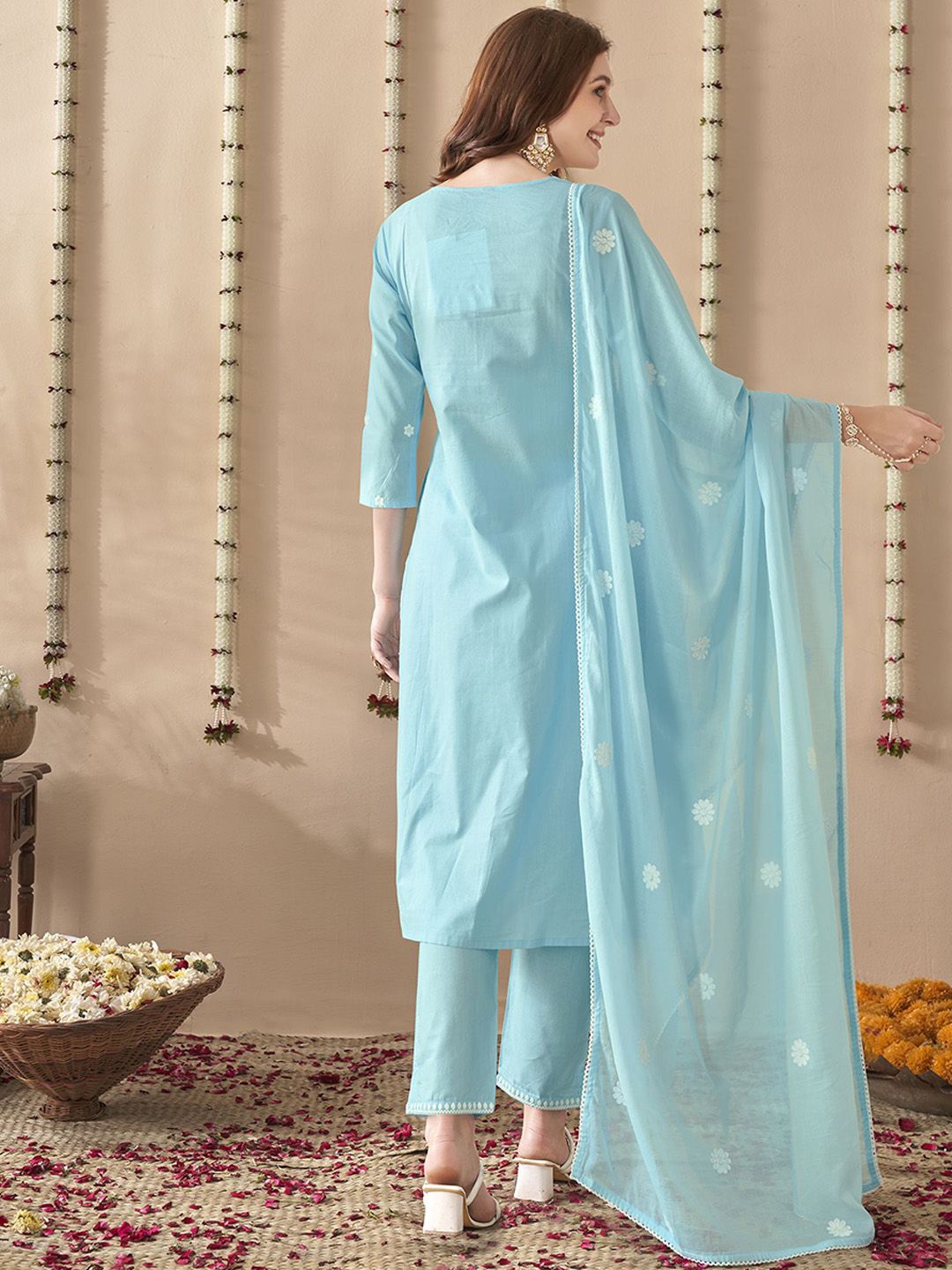 Anouk Embroidered Regular Thread Work Pure Cotton Straight Kurta With Trousers & Dupatta