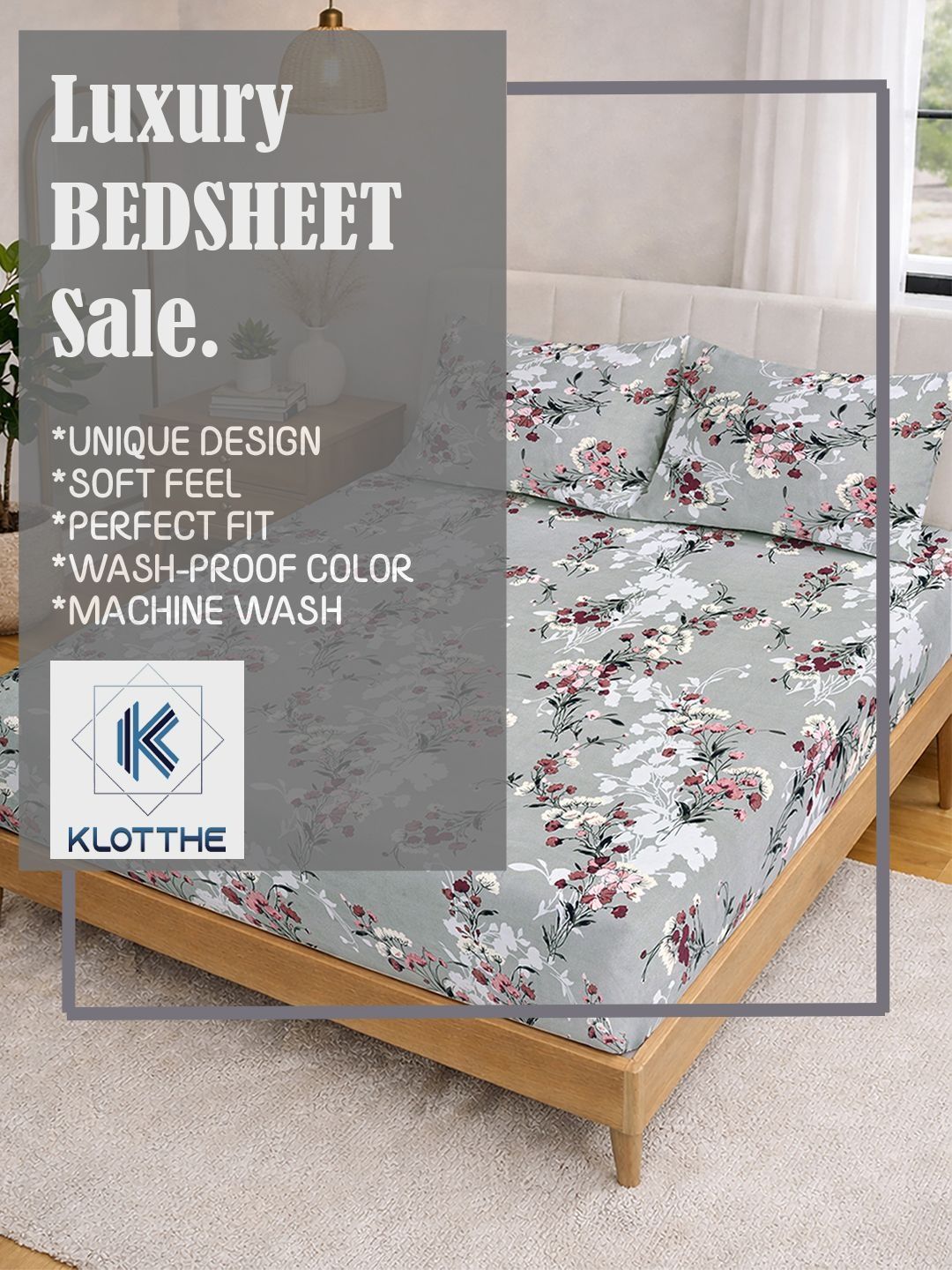 KLOTTHE Grey Floral 300 TC Super King Fine Bedsheets