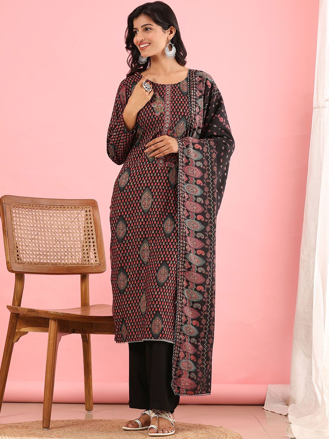 Mamicha Women Ethnic Motifs Printed Regular Pure Cotton Kurta with Trousers & With Dupatta