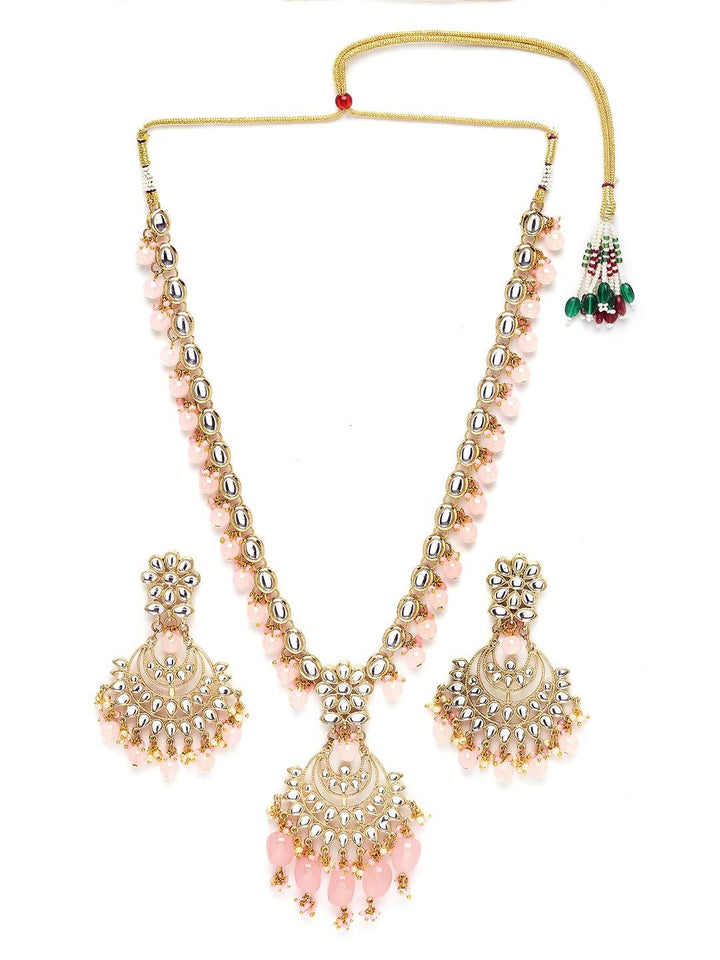 KARATCART Gold-Plated Pink & White Kundan Studded & Beaded Handcrafted Jewellery Set