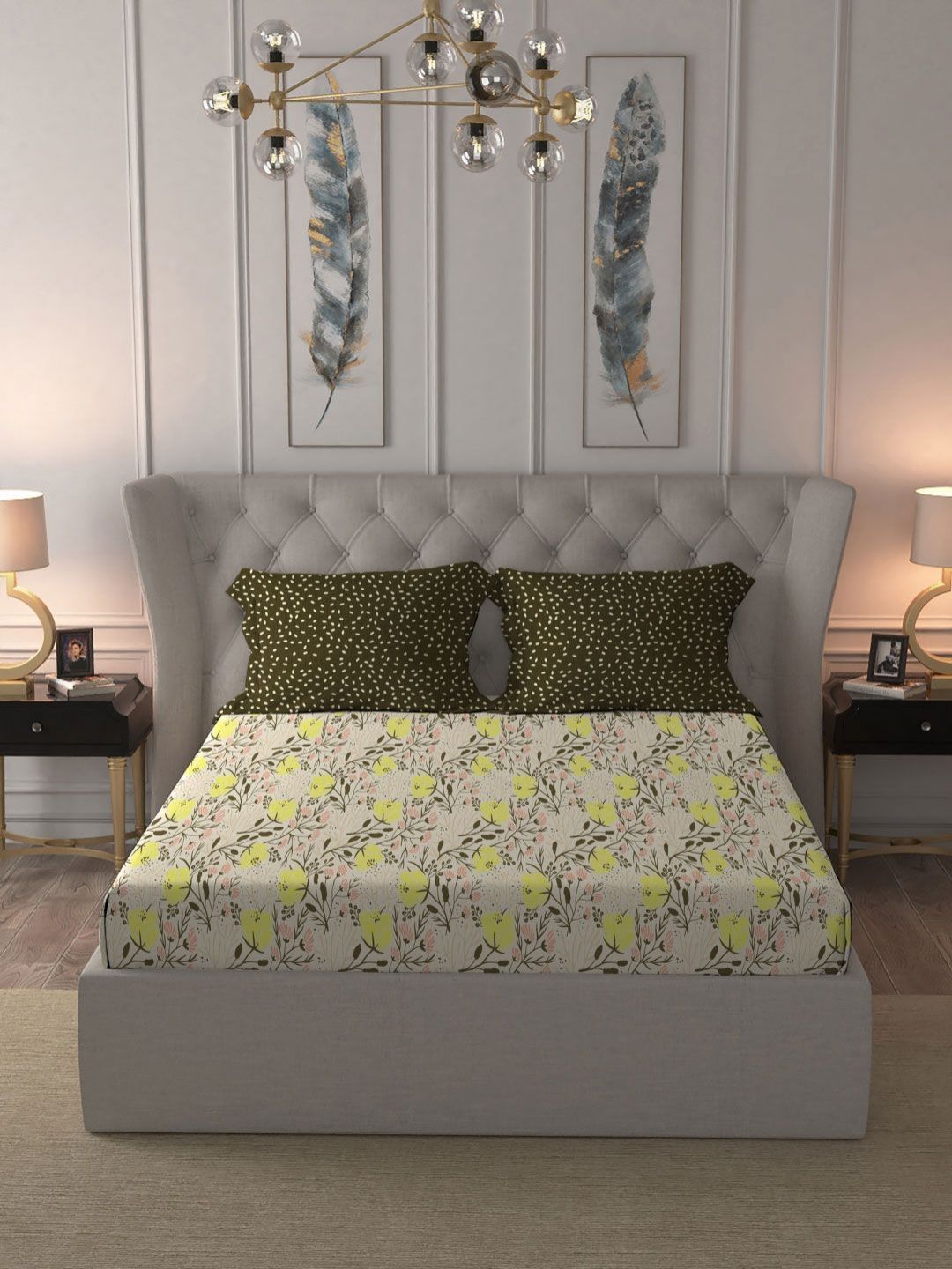MYTRIDENT Aster Yellow Moments Flat 120TC Queen Cotton 1 Bedsheet with 2 Pillow Covers
