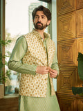 SOJANYA Ethnic Motifs Woven design Band Collar Kurta With Churidar And Nehru Jacket